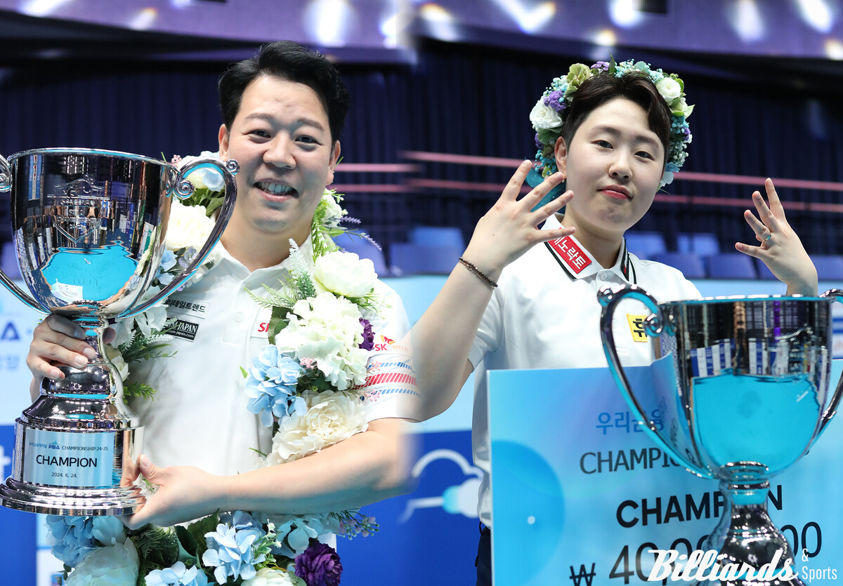 앞서 열린 프로당구 개막전에서 우승한 강동궁(SK렌터카)과 김세연(휴온스). 