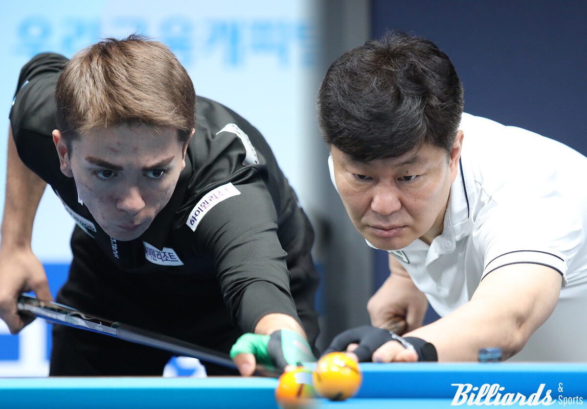 2차 투어 128강에서 대결하는 부라크 하샤시(하이원리조트)와 박명규(오른쪽).