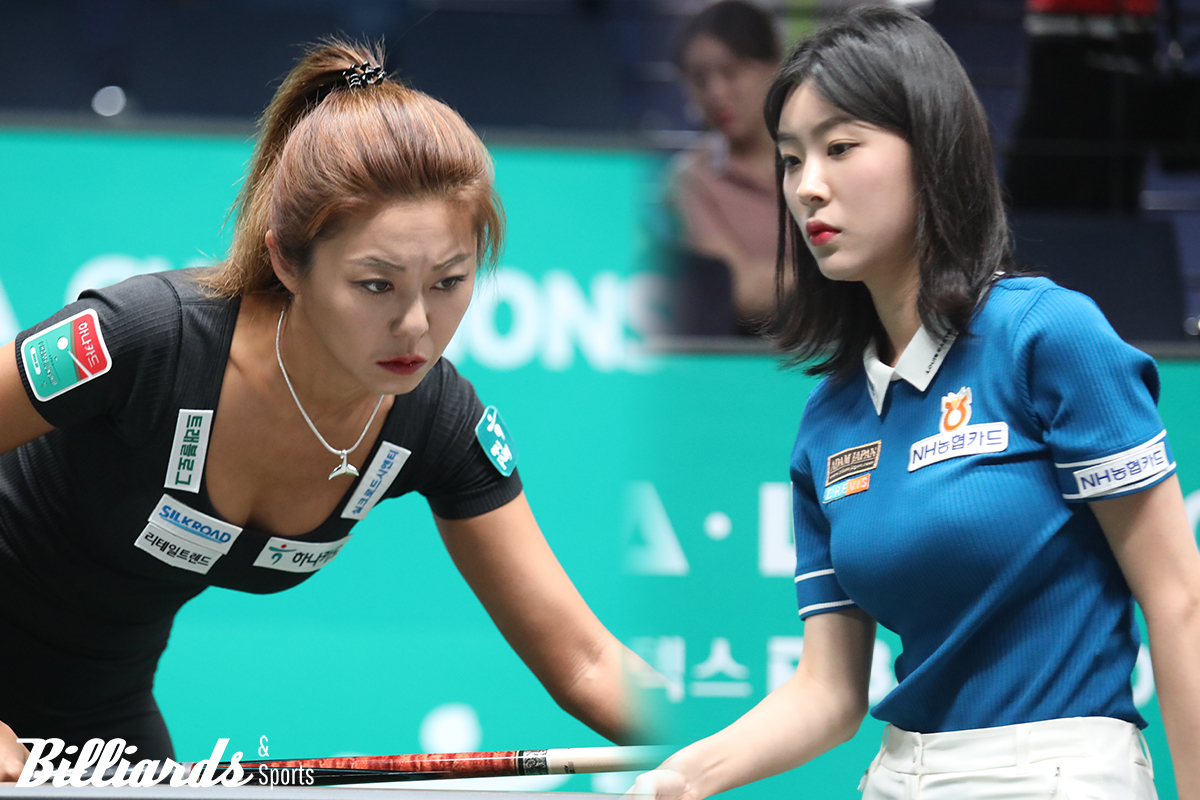 '당구 여제' 김가영(좌)이 'LPBA 신예' 정수빈(우)에게 두 이닝 동안 13점을 맞고 역전패를 당했다. 사진=고양/이용휘 기자