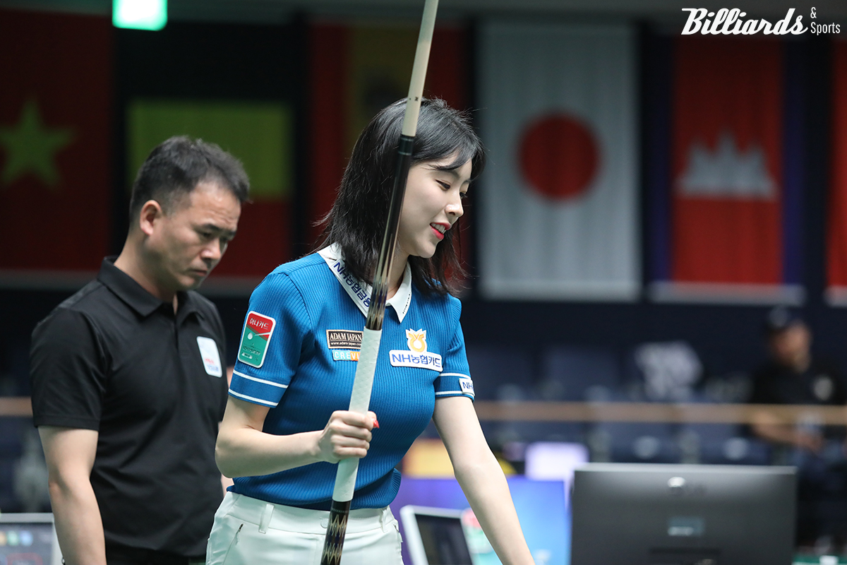 64강전 마지막 역전 샷이 성공하는 순간에 기뻐하는 정수빈.