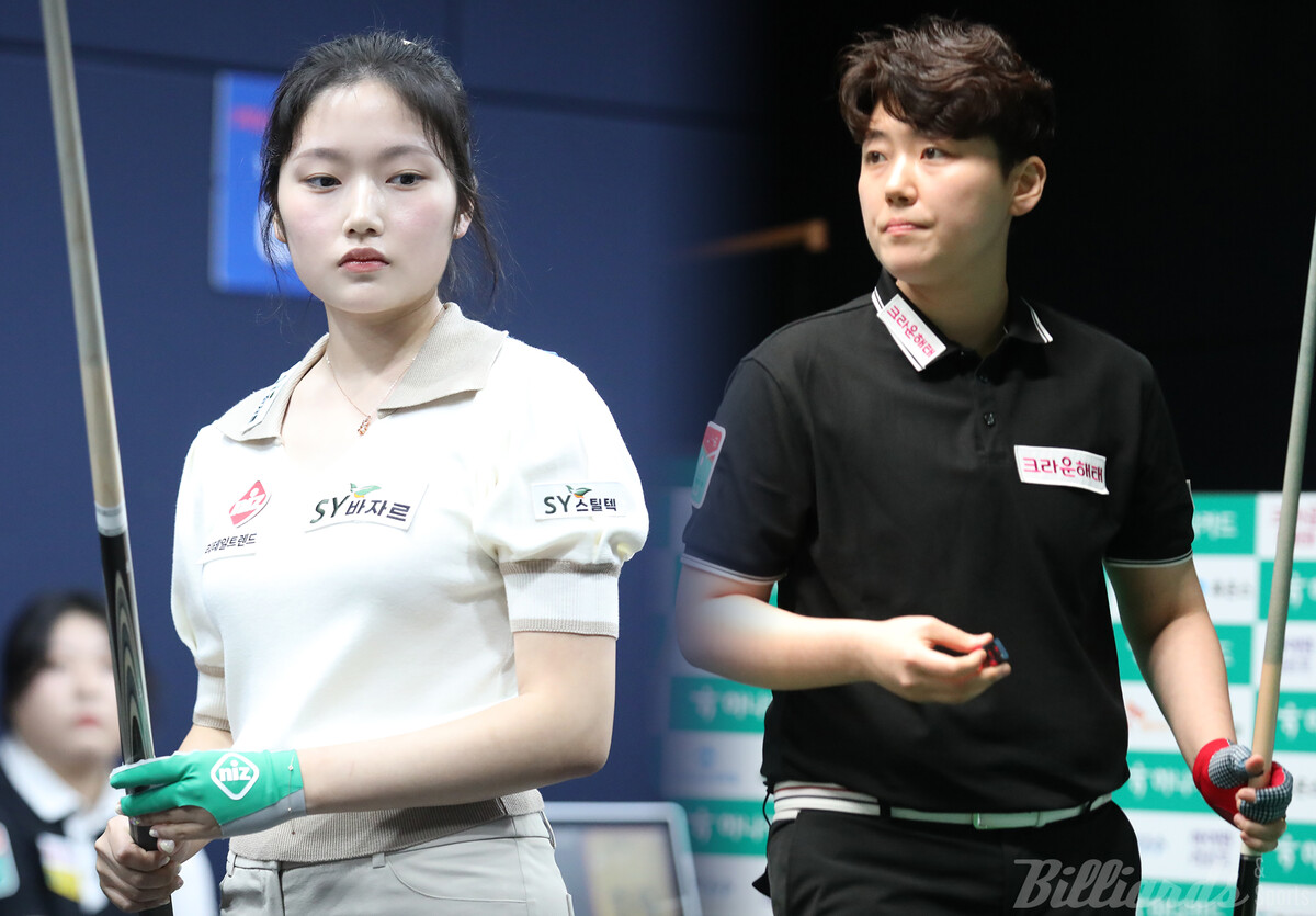 여자 프로당구 24-25시즌 2차 투어 '하나카드 챔피언십' 32강전에서 한지은(에스와이·왼쪽)과 '디펜딩 챔피언' 백민주(크라운해태)가 맞붙는다.  사진=고양/이용휘 기자