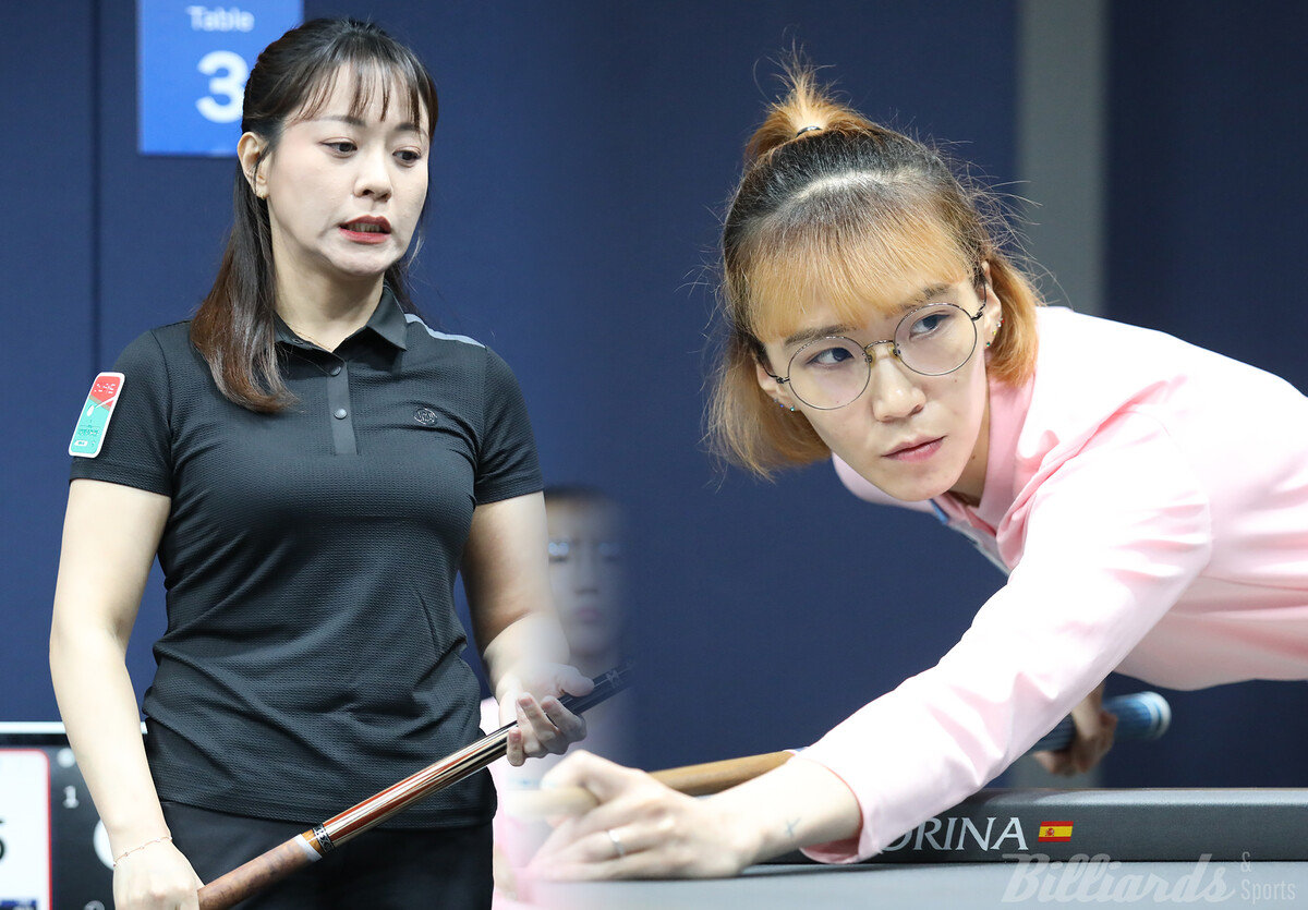 '98년생 복병' 김다희(오른쪽)가 '개막전 준우승' 이후 쾌조를 달리던 임경진(왼쪽)을 16강에서 3-1로 꺾고 2차 투어 '하나카드 LPBA 챔피언십' 8강에 진출했다.  사진=고양/이용휘 기자