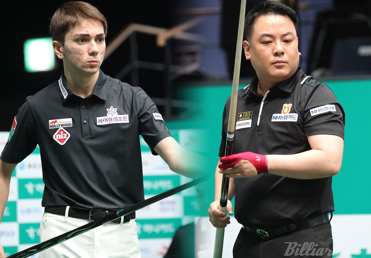 프로당구에 갓 데뷔한 '2006년생 튀르키예 신성' 부라크 하샤시(하이원리조트·왼쪽)가 2차 투어 '하나카드 PBA 챔피언십' 64강전에서 '최강' 조재호(NH농협카드)를 꺾는 이변 중의 이변을 연출했다.  사진=고양/이용휘 기자
