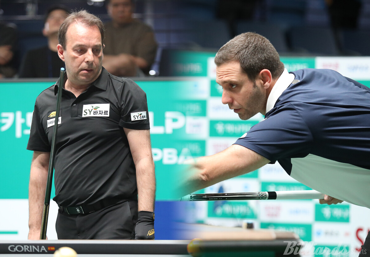 ·오른쪽)'3쿠션 사대천왕' 다니엘 산체스(에스와이·왼쪽)와 '디펜딩 챔피언' 하비에르 팔라손(휴온스·오른쪽)의 운명이 16강전에서 엇갈렸다.  사진=고양/이용휘 기자