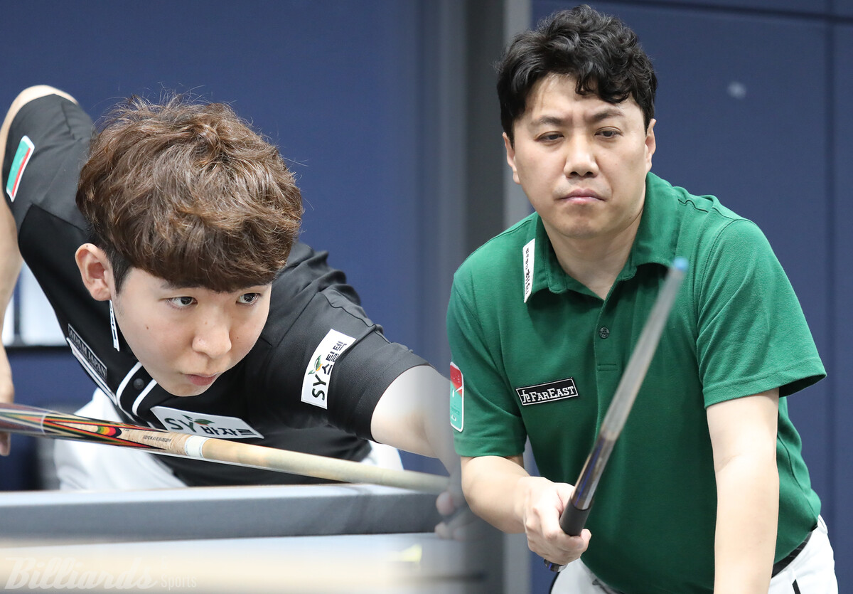 '일본 신성' 모리 유스케(에스와이·왼쪽)가 2차 투어 '하나카드 PBA 챔피언십' 8강전에서 한국의 김종원(오른쪽)에게 세트스코어 3-2로 승리를 거두며 10개월여 만에 준결승에 진출했다.  사진=고양/이용휘 기자