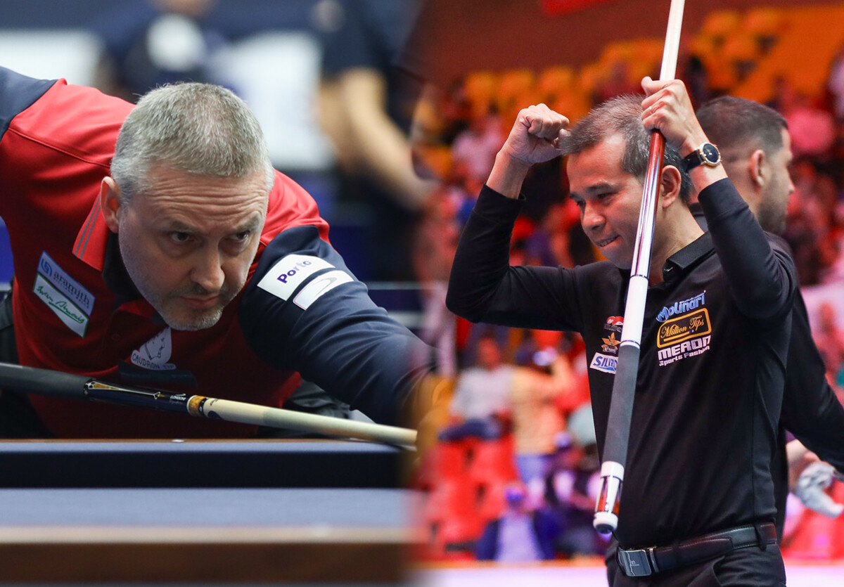 '돌아온 황제' 프레데리크 쿠드롱(왼쪽)과 '현 세계랭킹 1위' 쩐뀌엣찌엔(오른쪽)이 '포르투 3쿠션 당구월드컵' 32강 조별리그전에서 맞붙는다.  사진=SOOP 제공