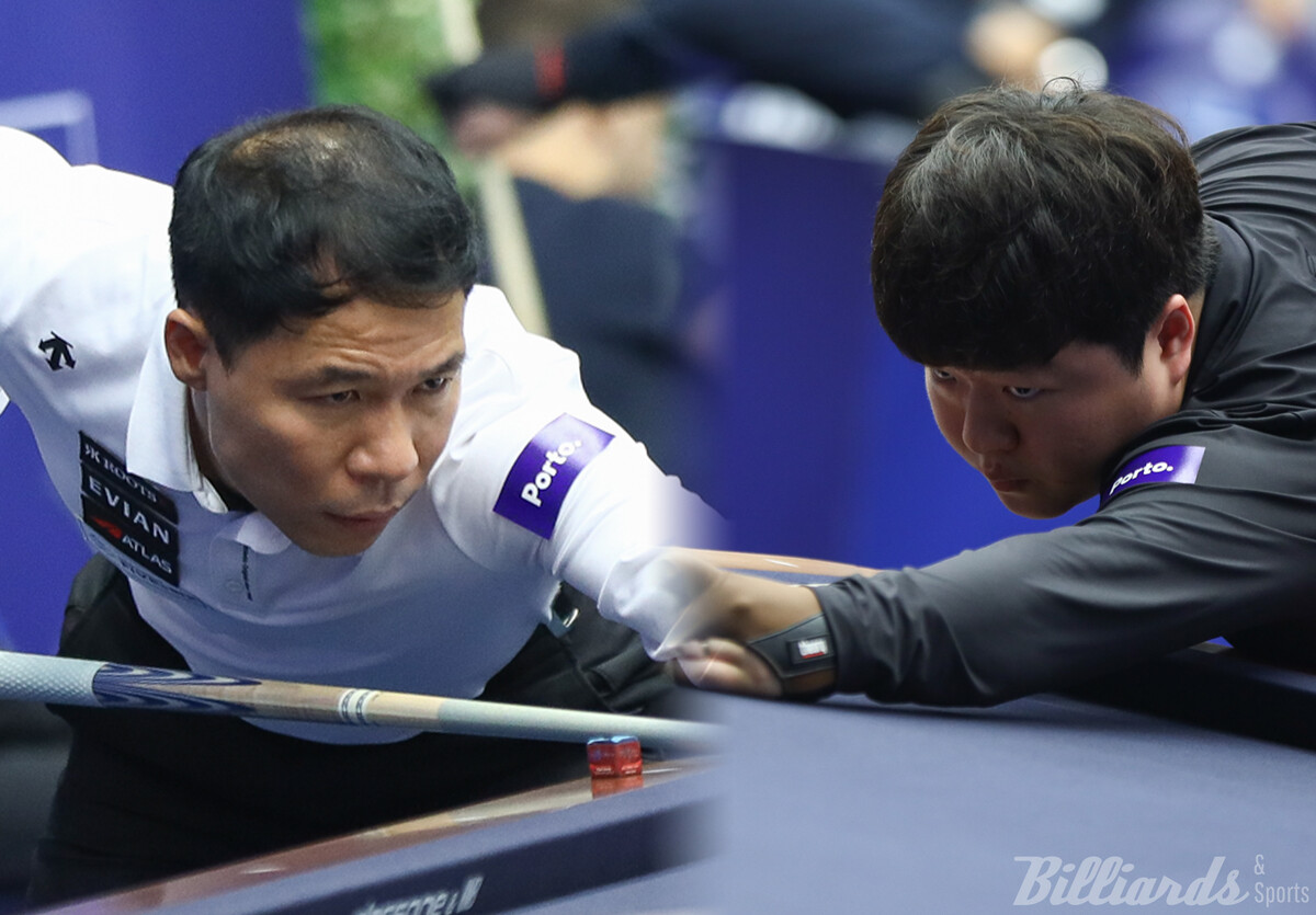 한국의 '앙카라 당구월드컵 우승자' 허정한(경남·왼쪽)과 '전 세계 1위' 조명우(실크로드시앤티-서울시청)가 '포르투 3쿠션 당구월드컵' 16강에 나란히 진출했다.  사진=SOOP 제공