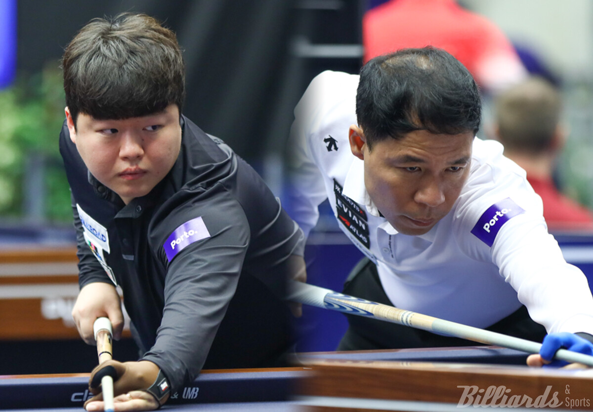 한국의 조명우(실크로드시앤티-서울시청·왼쪽)와 허정한(경남·오른쪽)이 각각 베트남의 '세계랭킹 1위' 쩐뀌엣찌엔과 '신성' 타이홍찌엠을 16강에서 제압하며 '포르투 3쿠션 당구월드컵' 8강에 진출했다.  사진=SOOP 제공