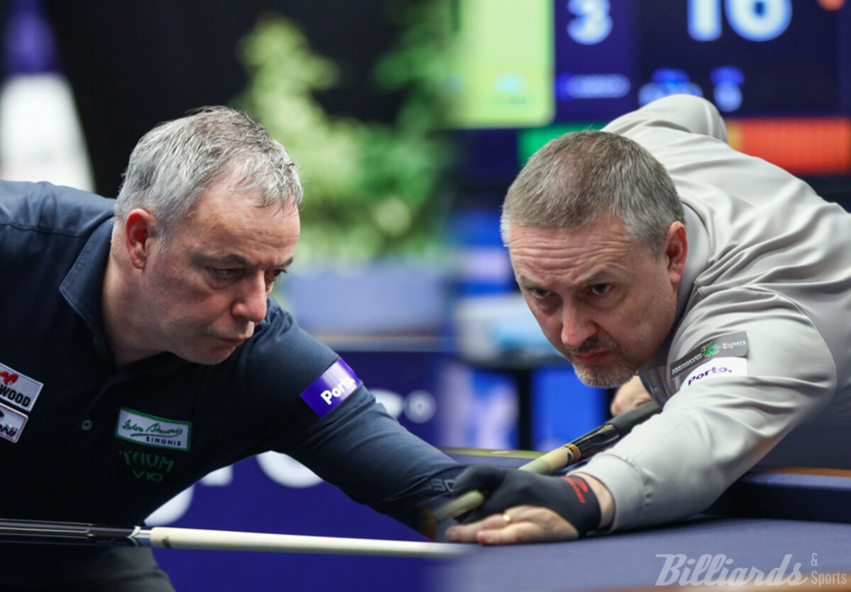 '3쿠션 사대천왕' 딕 야스퍼스(왼쪽)와 프레데리크 쿠드롱(오른쪽)이 '포르투 3쿠션 당구월드컵' 준결승전에서 5년 7개월여 만에 맞대결을 벌인다.  사진=SOOP 제공