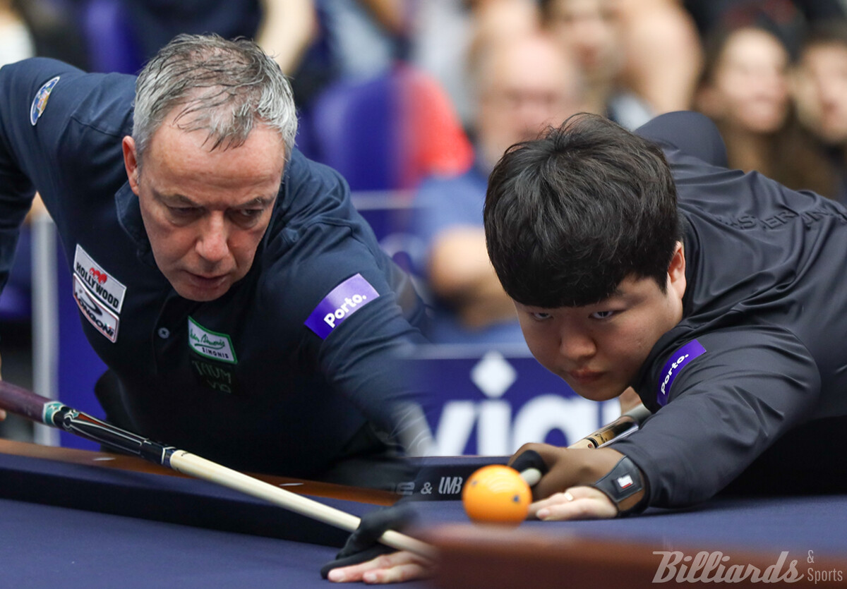 한국의 조명우(실크로드시앤티-서울시청·오른쪽)와 '세계 최강' 딕 야스퍼스(네덜란드·왼쪽)가 마침내 결승에서 맞붙는다. 야스퍼스는 프레데리크 쿠드롱(벨기에)과 벌인 준결승전에서 승리를 거두고 결승에 올랐다. 사진=SOOP 제공