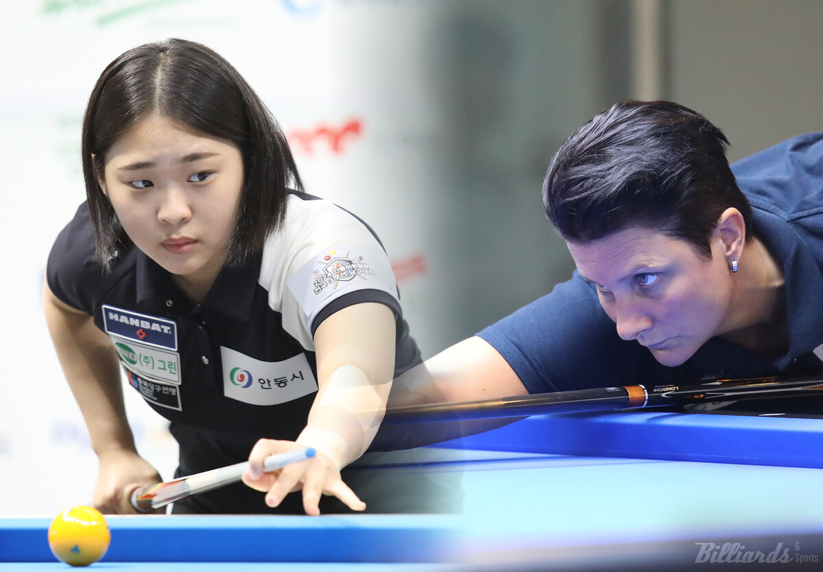 한국 최초 '여자 3쿠션 세계랭킹 1위'에 오른 김하은(충복·왼쪽)과 '세계 2위' 테레사 클롬펜하우어(네덜란드)가 SOOP의 주최로 열리는 '2024 월드 3쿠션 서바이벌'에서 진검승부를 눈 앞에 두고 있다.  사진=빌리어즈앤스포츠 DB