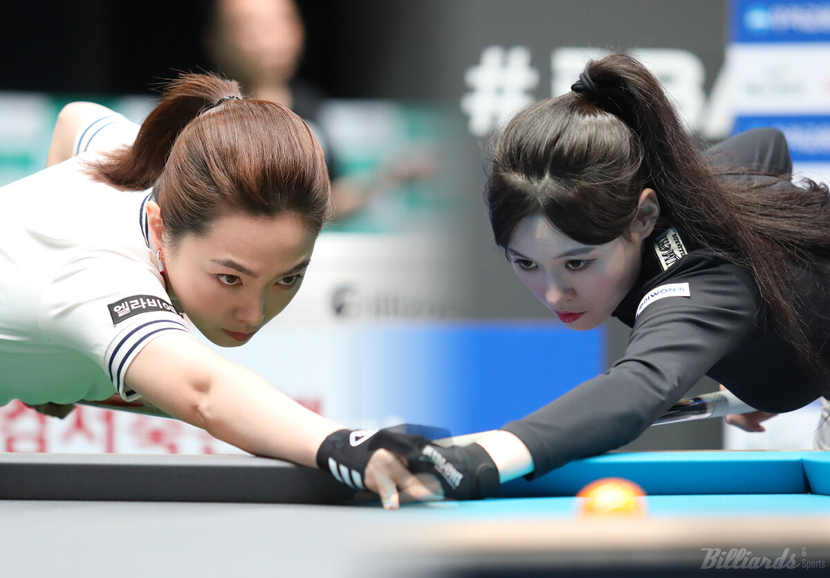 '당구 여신' 차유람(휴온스·왼쪽)과 'LPBA 바비인형' 서한솔(우리금융캐피탈·오른쪽)이 프로당구 첫 해외투어 '2024 LPBA 에스와이 바자르 하노이 오픈' 32강전에서 만났다.  빌리어즈앤스포츠 DB