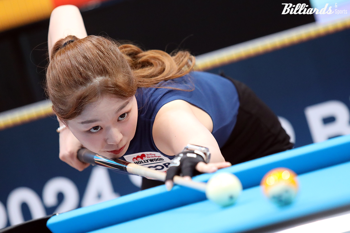 '월드클래스' 서서아(전남)가 '2024 수퍼리그(SOOPER LEAGUE) 레이디스 나인볼' 준결승에서 역전승을 거두며 결승에 진출했다. 사진은 마지막 세트에서 9볼 샷을 시도하는 서서아.  사진=잠실/이용휘 기자