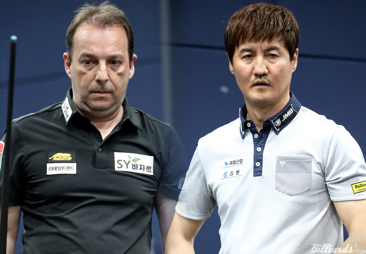 '언더독 신화' 박기호(오른쪽)와 '3쿠션 사대천왕' 다니엘 산체스(에스와이)가 3차 투어 '2024 PBA 에스와이 바자르 하노이 오픈' 64강전에서 첫 대결을 벌이게 됐다.  빌리어즈앤스포츠 DB