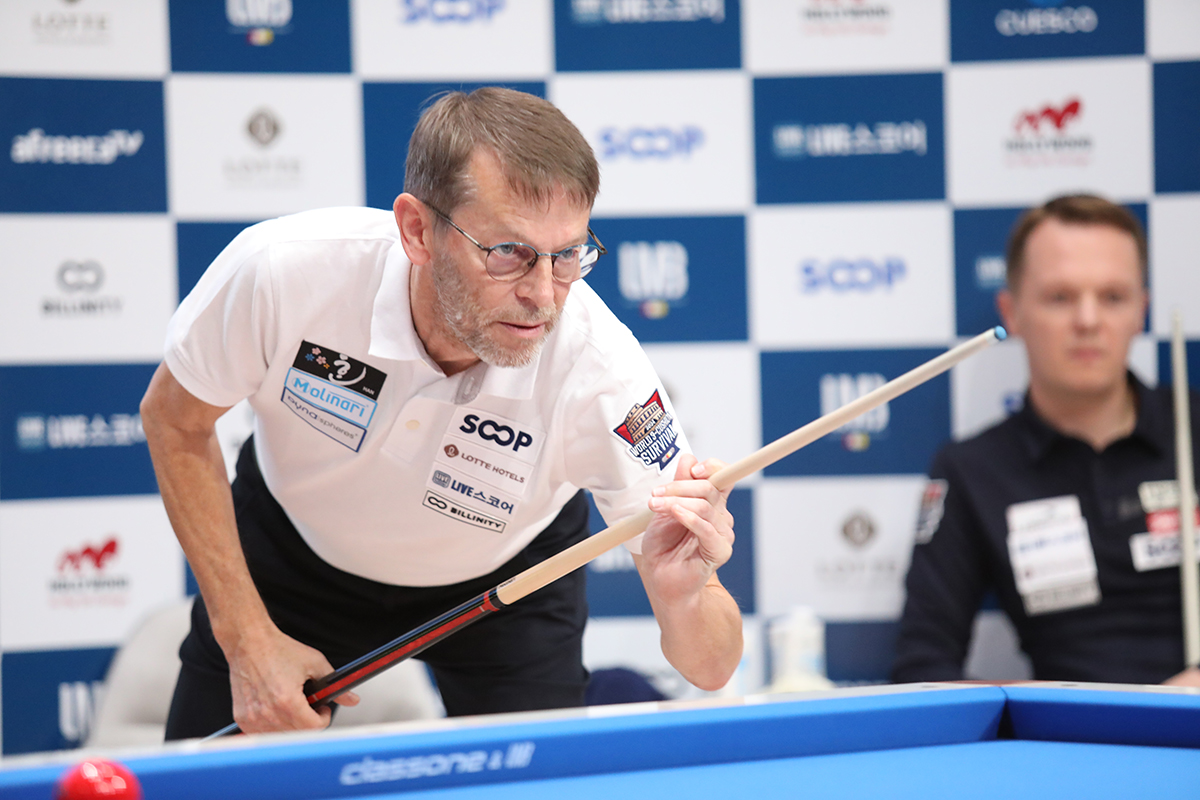 '3쿠션 사대천왕' 토브욘 블롬달(스웨덴)이 '2024 월드 3쿠션 서바이벌' 패자부활전에서 조 1위를 차지하며 본선 2라운드에 진출했다.  사진=잠실/이용휘 기자