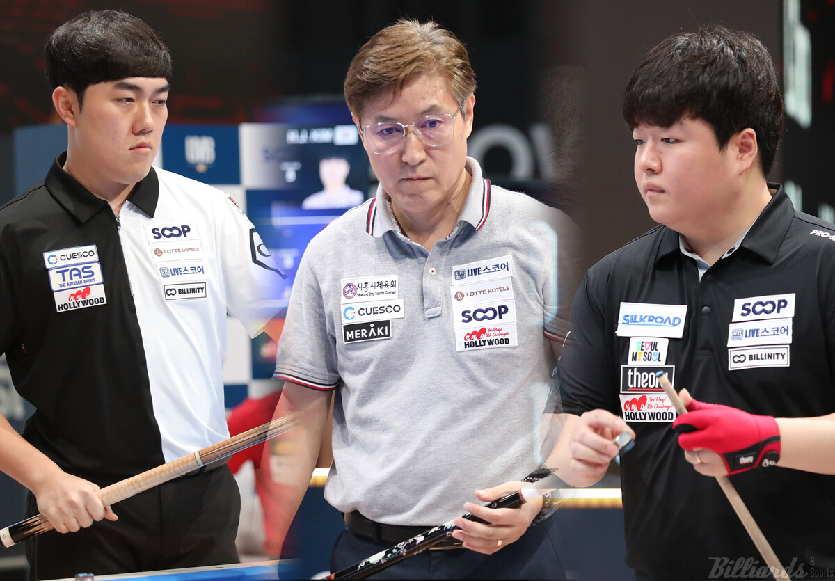 한국의 이정희(가운데)와 김준태(왼쪽), 조명우(오른쪽)가 SOOP의 주최로 열린 '월드 3쿠션 서바이벌 2024' 본선 2라운드 준준결승에서 각 조 1, 2위에 오르며 최종일에 벌어지는 준결승에 진출했다.  사진=잠실/이용휘 기자