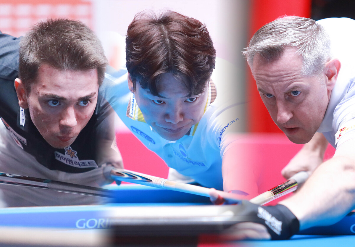 한국의 '투어 챔피언' 강민구(우리금융캐피탈·가운데)가 16강에서 '18세 돌풍' 부라크 하샤시(하이원리조트·왼쪽)를 누르고 8강에 진출, '벨기에 강호' 에디 레펀스(SK렌터카·오른쪽)와 준결승 진출을 다툰다.  사진=PBA 제공