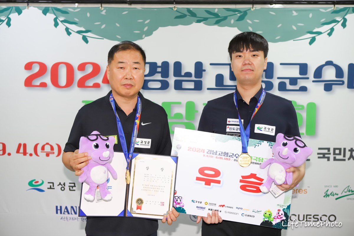 이번 대회 복식전에서 우승한 김행직. 사진 왼쪽 최호일(전남).  사진=대한당구연맹 제공