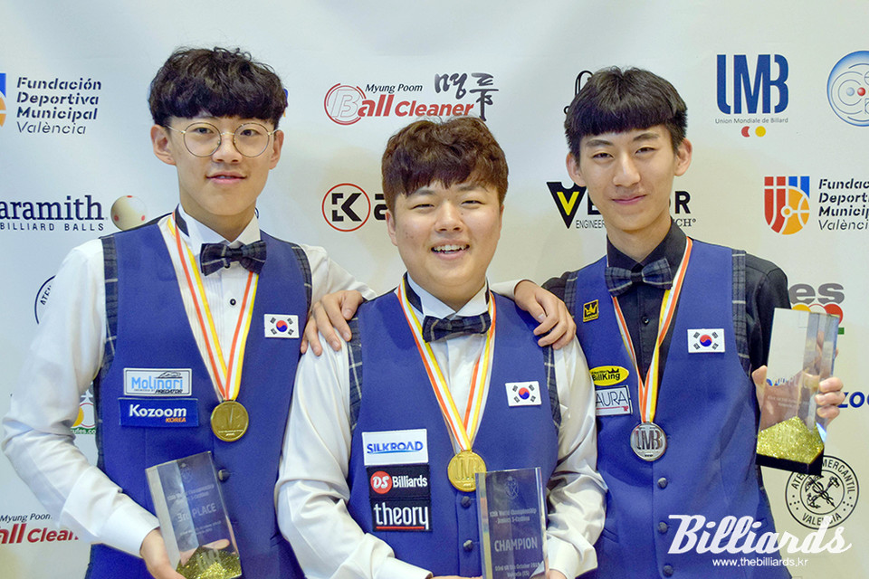 지난 2019년 주니어 세계선수권 4강에 올랐던 조화우. 사진 왼쪽부터 공동 3위 조화우, 우승 조명우, 준우승 고준서.