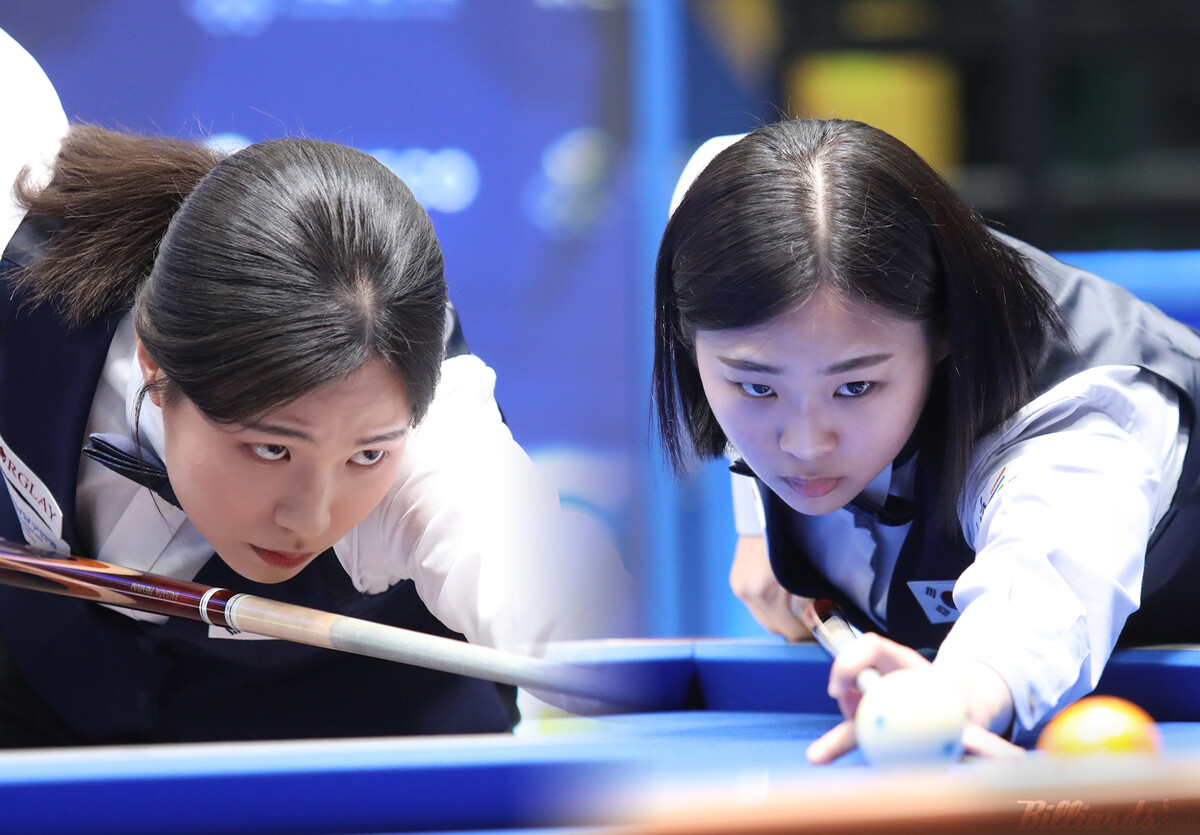 국내랭킹 1, 2위 김하은(오른쪽)과 박정현(왼쪽)이 세계선수권으로 자리를 옮겨 다시 한번 우승 경쟁을 펼친다. 두 선수는 여러 차례 결승에서 맞대결을 벌였고, 올해 '아시아선수권' 결승에서는 김하은이 승리를 거둔 바 있다.  빌리어즈앤스포츠 DB