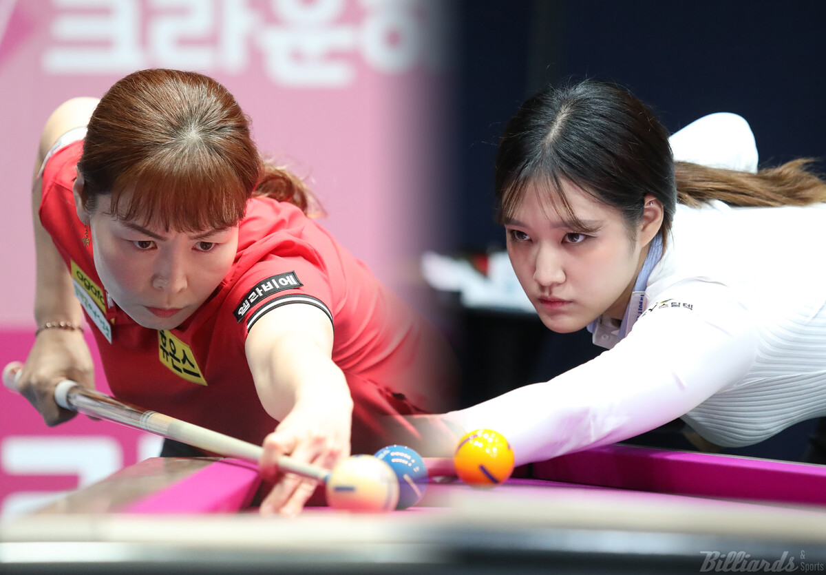 '3쿠션 세계선수권자' 이신영(왼쪽)과 'LPBA 다크호스' 권발해(오른쪽)가 4차 투어 '크라운해태 LPBA 챔피언십 2024 한가위' 예선 1라운드 경기에서 승리했다.  사진=고양/이용휘 기자 