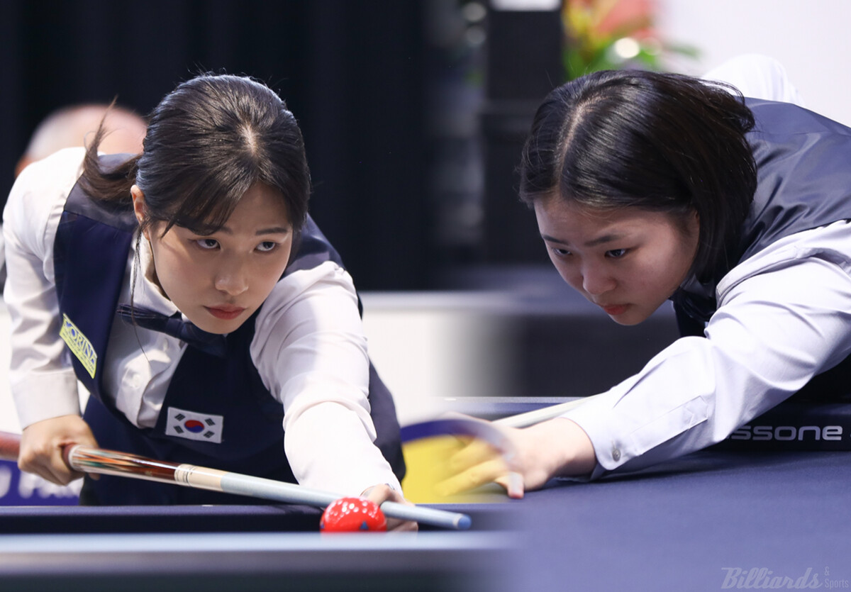 '제12회 세계여자3쿠션선수권대회'에 출전한 한국의 박정현(왼쪽)과 김하은(오른쪽)이 나란히 2승씩 거두며 조별리그를 통과, 16강에 진출했다.