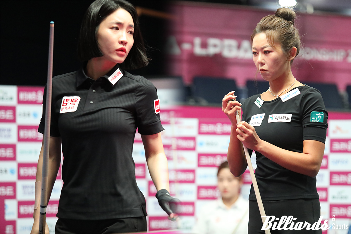 전체 순위 1위로 64강을 통과한 최혜미(왼쪾)와 '끝내기 하이런 13점'으로 대역전극을 만들어낸 김가영(오른쪽). 사진=고양/이용휘 기자