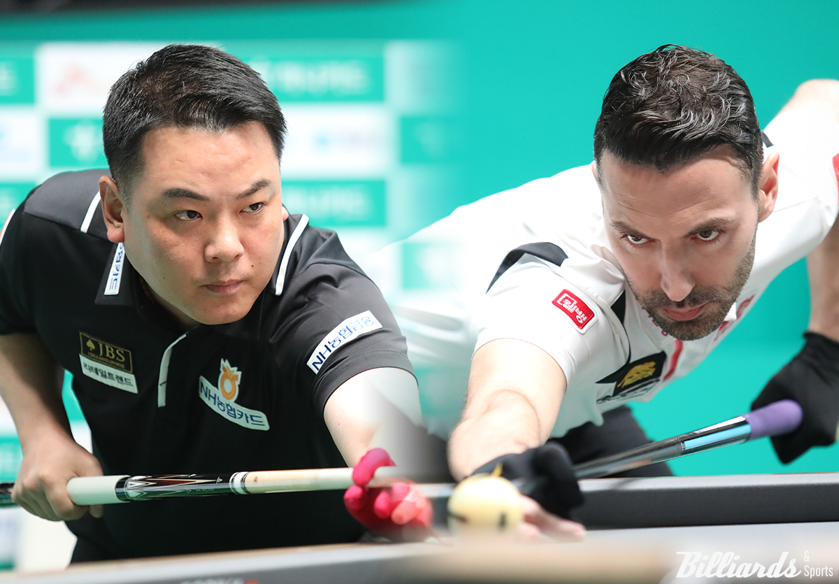 '슈퍼맨' 조재호(NH농협카드·왼쪽)와 '왼손 신화' 필리포스 카시도코스타스(웰컴저축은행·오른쪽)가 4차 투어 '크라운해태 PBA 챔피언십 2024 한가위' 128강전에서 1년 6개월여 만에 개인투어에서 만났다.  빌리어즈앤스포츠 DB