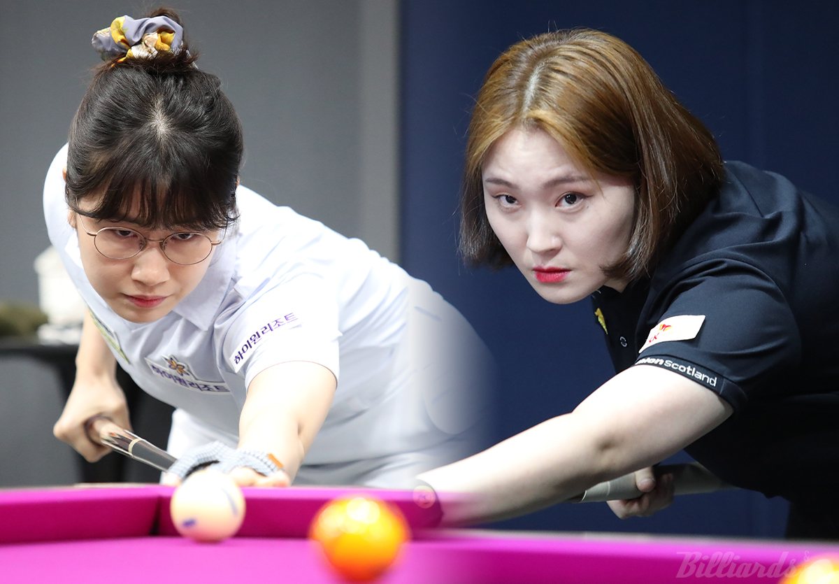 팀리그 1위 SK렌터카와 최하위 하이원리조트가 LPBA 4차 투어 32강전에서 명예가 걸린 진검승부를 벌인다. 사진은 32강에서 대결하는 하이원리조트 이미래(왼쪽)와 SK렌터카 강지은(오른쪽).  사진=고양/이용휘 기자