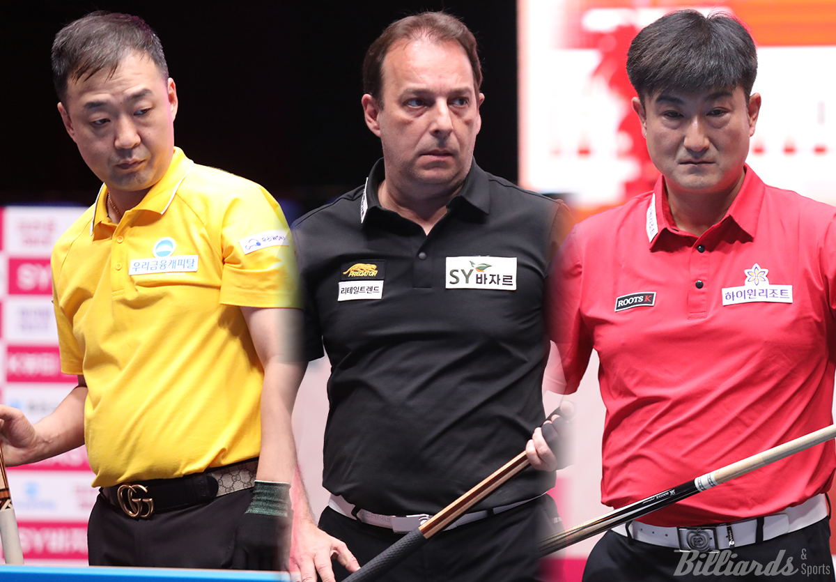 '하노이 부활 3인방' 다니엘 산체스(가운데)와 엄상필(왼쪽), 이충복(오른쪽)이 4차 투어 128강 첫 경기에 나선다.   빌리어즈앤스포츠 DB.