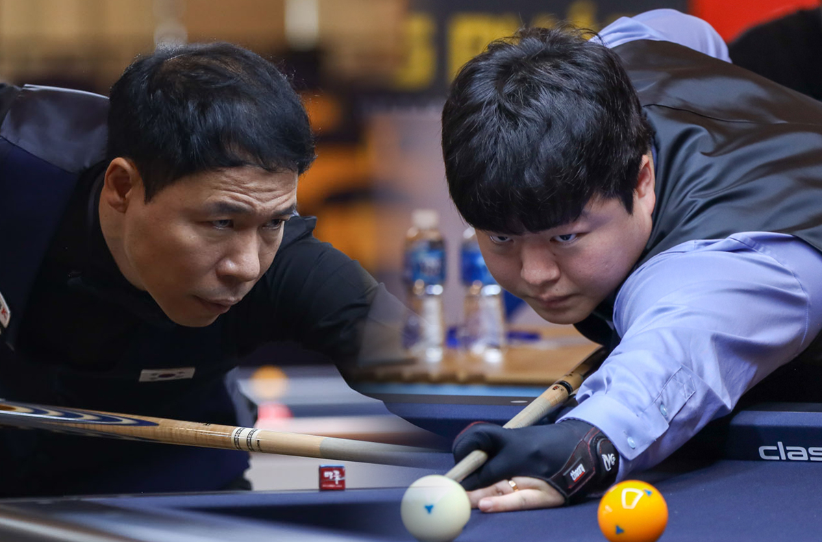한국의 허정한(왼쪽)과 조명우(오른쪽)가 '제76회 빈투언 세계3쿠션선수권대회' 16강에 진출했다.  사진=SOOP 제공