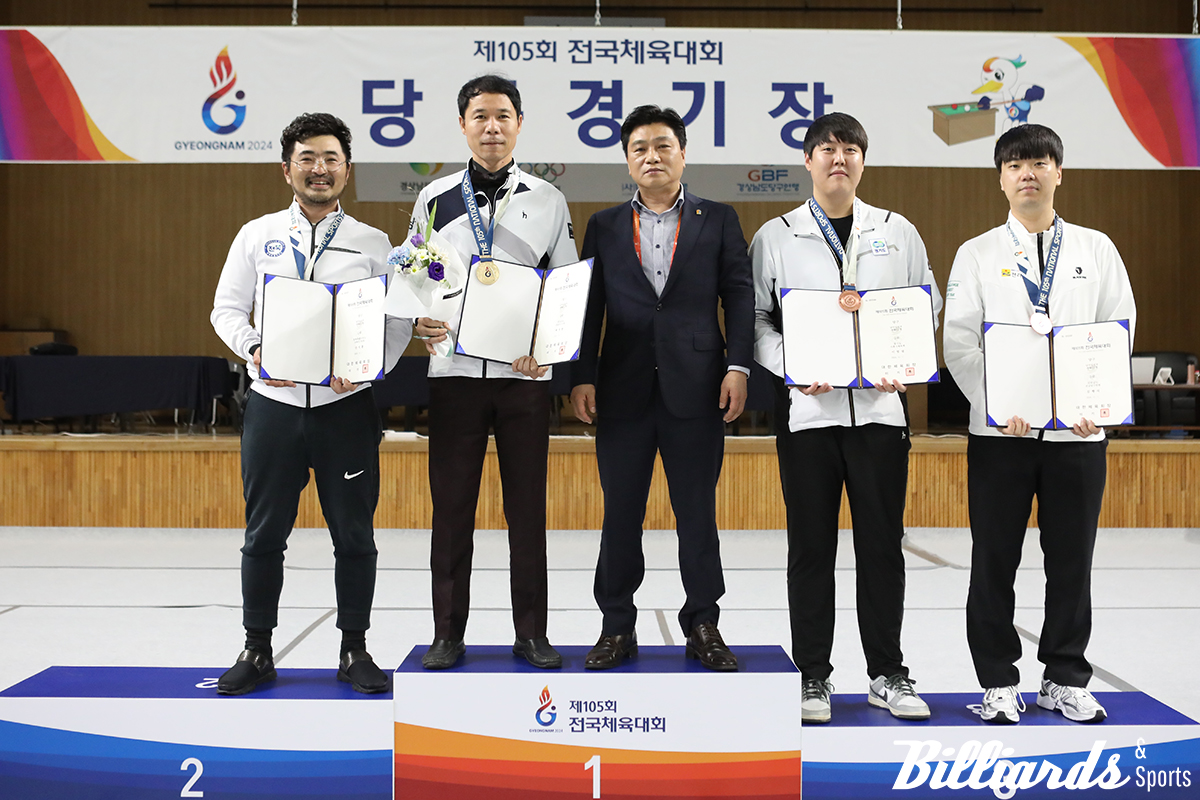 제105회 전국체육대회 당구종목 남자일반부 캐롬 3쿠션 입상자들. 왼쪽부터 2위 안지훈, 1위 허정한, 시상자 경남당구연맹 안진환 회장, 공동3위 이범열, 김행직.