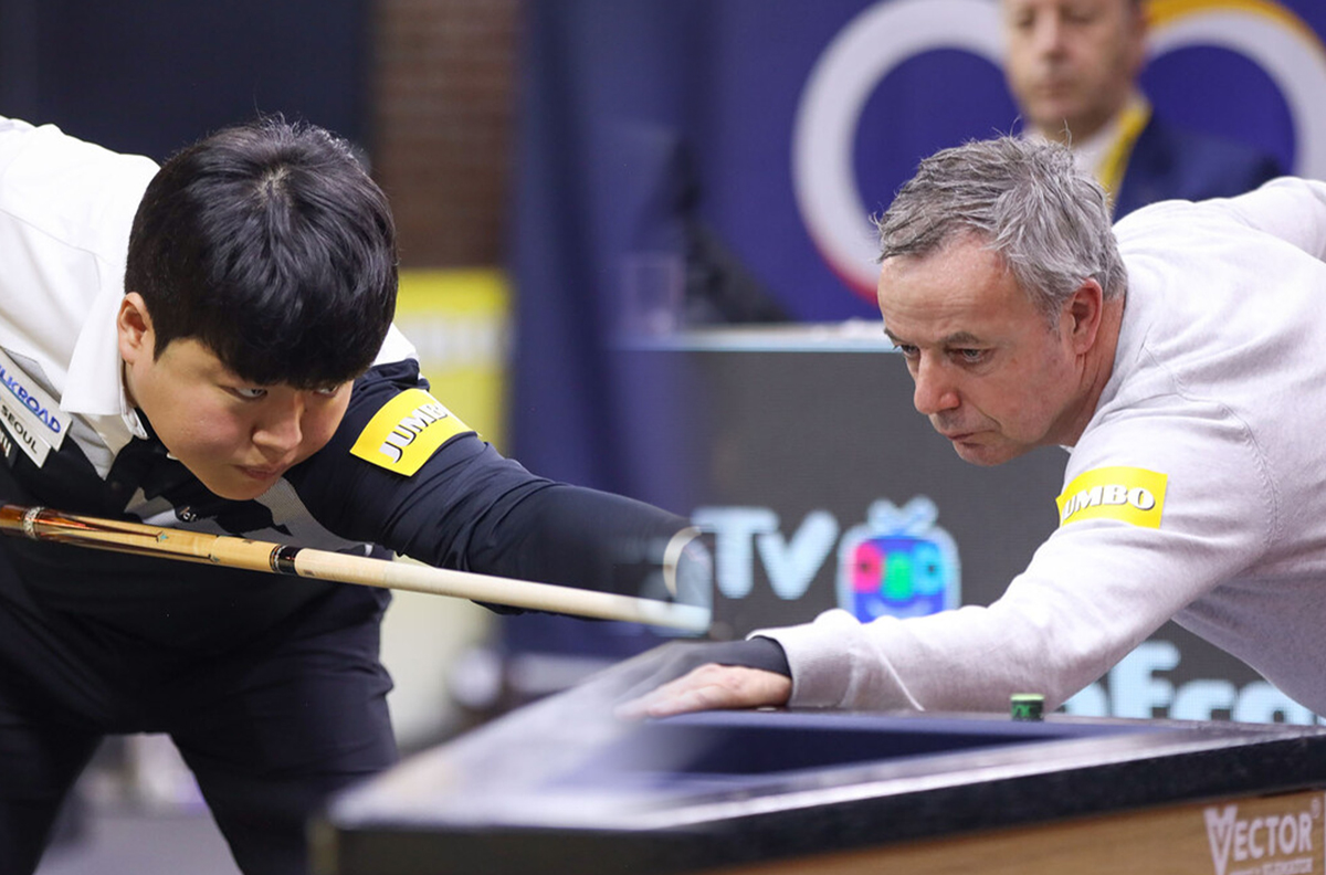 세계선수권 우승자 조명우(왼쪽)와 지난해 베겔 당구월드컵과 직전 포르투 당구월드컵 우승자인 딕 야스퍼스(네덜란드).  사진=SOOP 제공