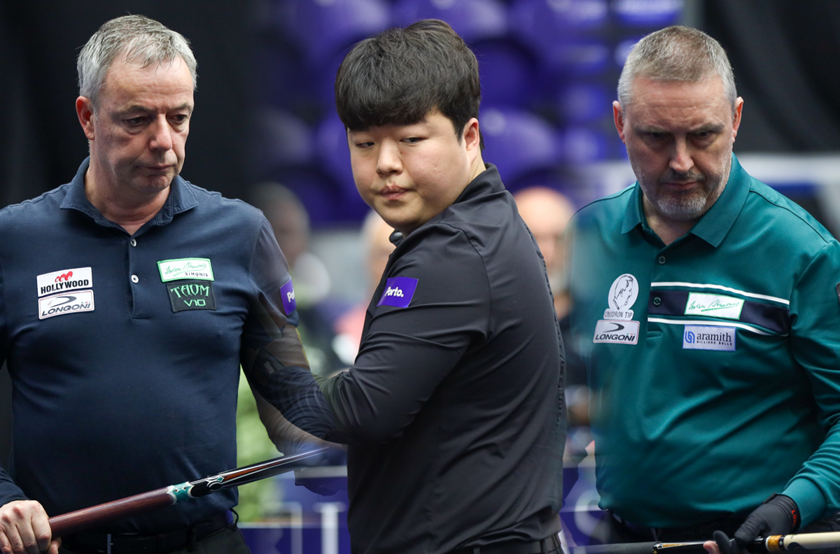 네덜란드에서 개막한 '베겔 3쿠션 당구월드컵 2024'에서 딕 야스퍼스(왼쪽)와 조명우(가운데), 프레데리크 쿠드롱(오른쪽)이 우승에 도전한다.  사진=SOOP 제공