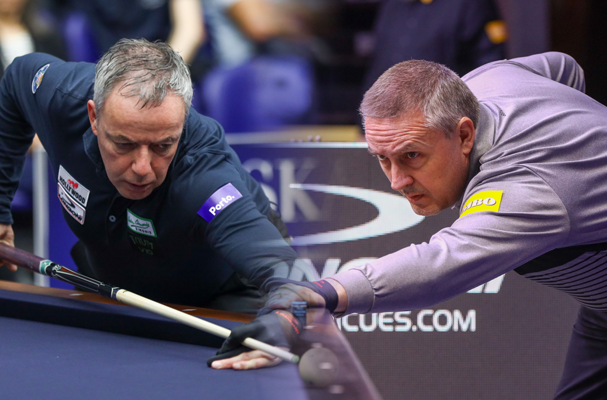 딕 야스퍼스(왼쪽)와 프레데리크 쿠드롱(오른쪽)이 '베겔 3쿠션 당구월드컵 2024' 32강 조별리그전에서 두 번째 맞대결을 벌인다.  사진=SOOP 제공)