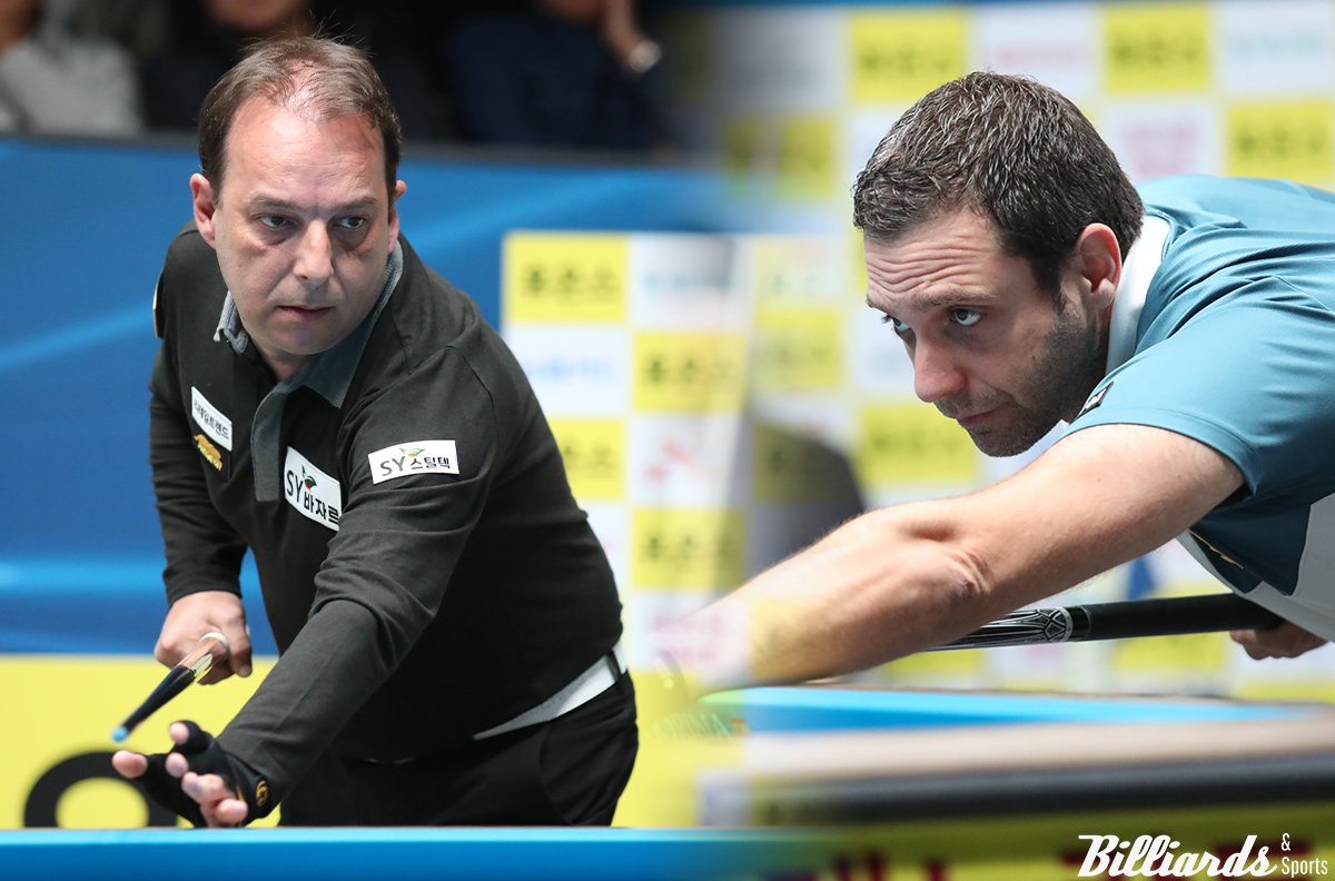 '스페인 탑건' 다니엘 산체스(왼쪽)와 하비에르 팔라손(오른쪽)이 5차 투어 '휴온스 PBA 챔피언십 2024' 32강에 진출했다.  사진=고양/이용휘 기자