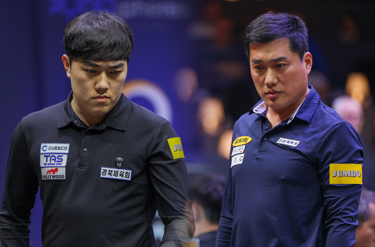 한국이 지난 2016년 10월에 프랑스에서 열린 '라불 3쿠션 당구월드컵' 이후 8년 만에 3쿠션 당구월드컵 8강에 아무도 올라가지 못한 채 쓸쓸하게 퇴장했다. 25일 밤 9시 30분(한국시간)에 네덜란드에서 열린 '베겔 3쿠션 당구월드컵' 16강전에서 김준태(왼쪽), 차명종(오른쪽), 조명우 등 3명이 아쉽게 모두 패했다.  사진=SOOP 제공