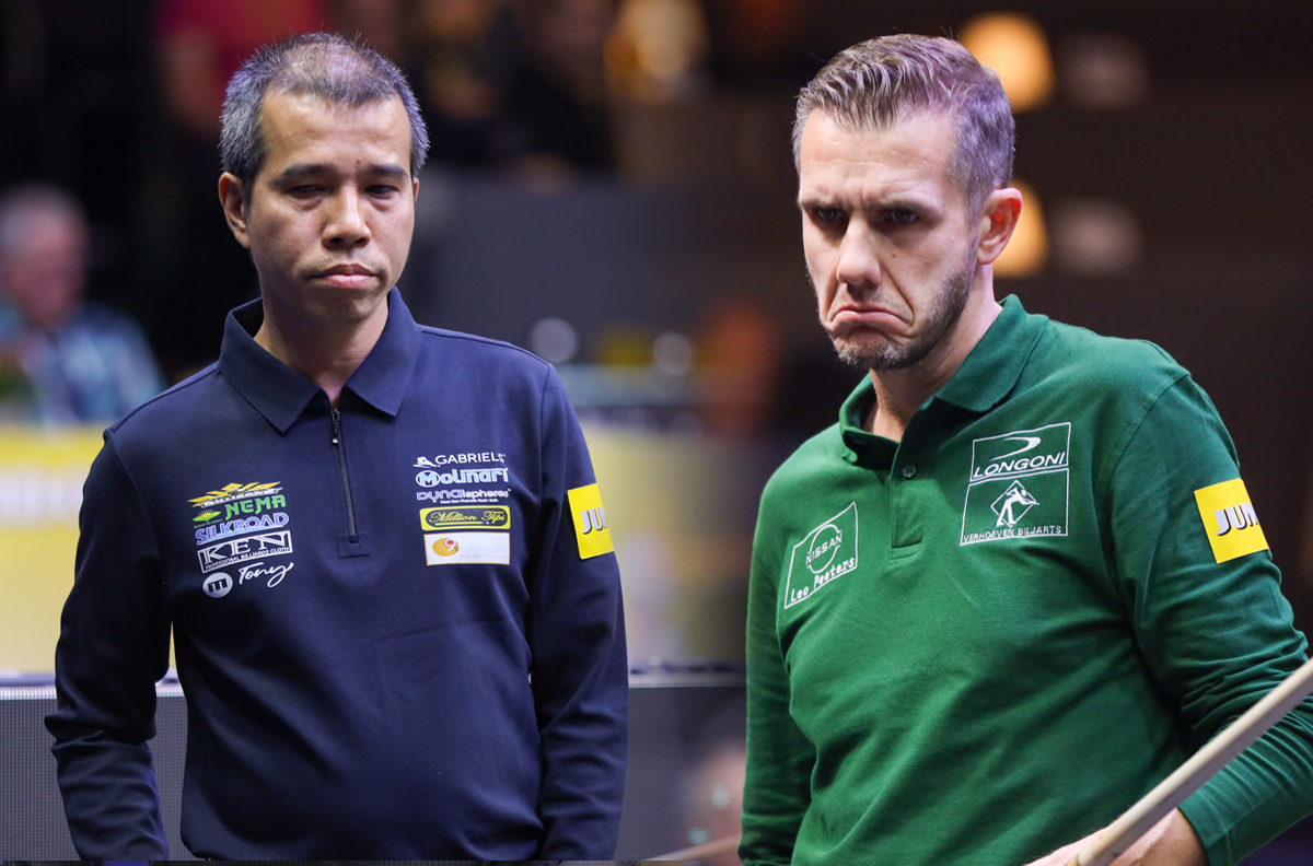 '베겔 3쿠션 당구월드컵' 준결승전 남은 두 자리를 쩐뀌엣찌엔(왼쪽)과 피터 클루망(오른쪽)의 대결로 채우면서 이번 대회 준결승전은 베트남 대 벨기에의 승부로 압축됐다. 앞서 열린  8강전에서는 프레데리크 쿠드롱과 응우옌쩐타인뚜가 승리를 거두고 준결승에서 대결한다.  사진=SOOP 제공