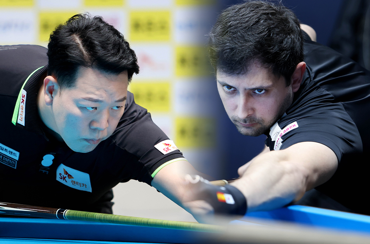 27일 열린 프로당구 시즌 5차 투어 '휴온스 PBA 챔피언십' 8강에서 승리하고 준결승에 진출한 강동궁(왼쪽)과 다비드 마르티네스(오른쪽). 두 선수는 이번 시즌 개인투어에서 우승과 준우승을 차지하며 좋은 활약을 보이고 있다.  사진=PBA 제공