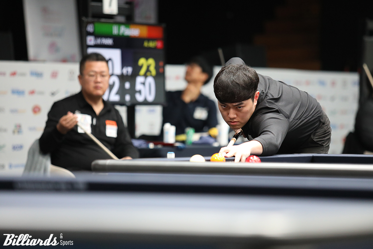 김준태(경북체육회)가 8일 열린 '2024 서울 세계3쿠션당구월드컵' 32강 조별리그 두 번째 경기에서 '하이런 28점'을 치며 세계대회 및 3쿠션 당구월드컵 신기록을 작성했다. 유럽리그까지 합치면 역대 하이런 세계기록 28점과 5번째 타이기록이다.  사진=고양/이용휘 기자