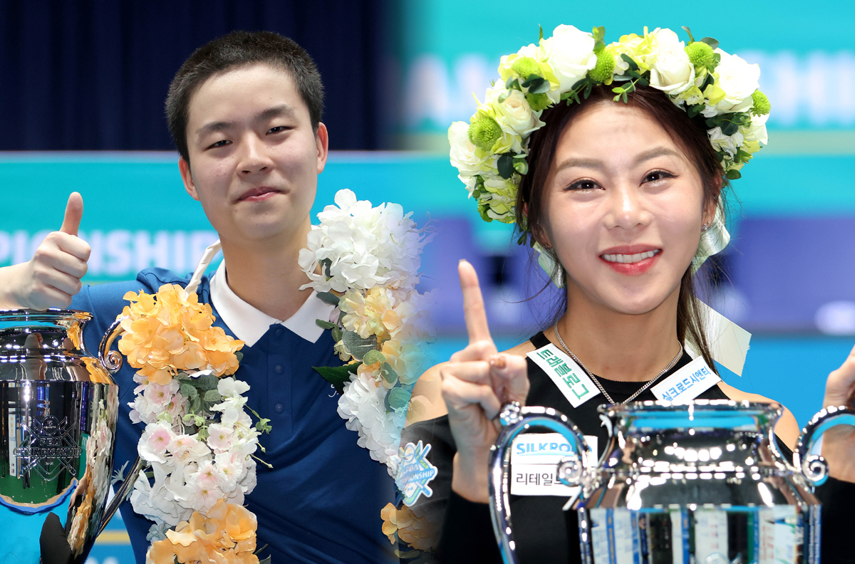 앞서 열린 6차 투어 'NH농협카드 PBA-LPBA 챔피언십 24-25' 우승자인 김영원(왼쪽)과 김가영(오른쪽).