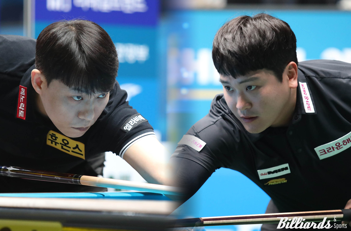 최성원(왼쪽)과 오태준(오른쪽)이 7차 투어 128강에서 탈락하는 이변이 연출됐다.  사진=빌리어즈앤스포츠 DB