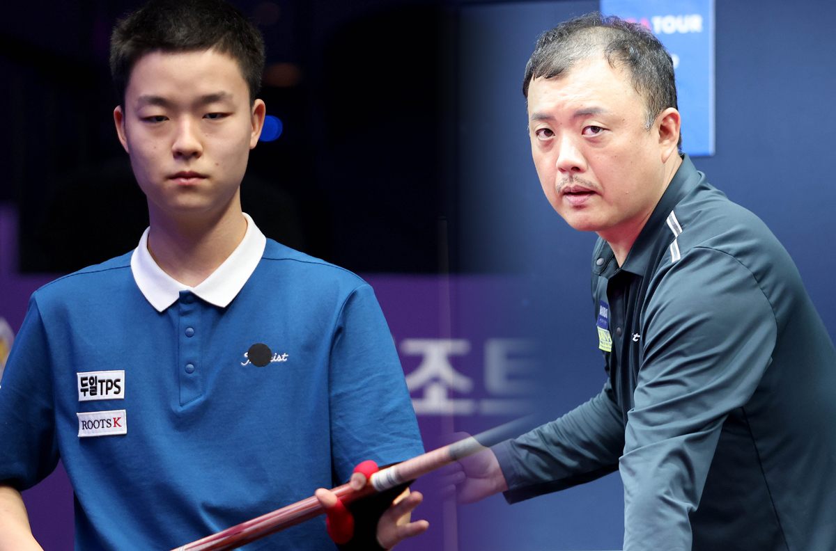 김영원(왼쪽)이 4차 투어 64강에서 패했던 신대권과 이번 7차 투어 32강에서 만났다.  사진=PBA 제공