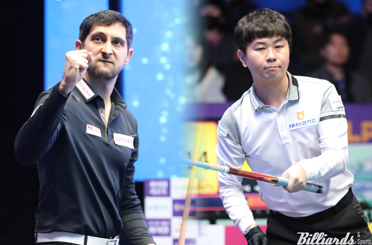 '언더독 돌풍' 김현우1(오른쪽)이 7차 투어 준결승에서 다비드 마르티네스(왼쪽)에게 져 아쉽게 결승 진출에 실패했다.  사진=PBA 제공