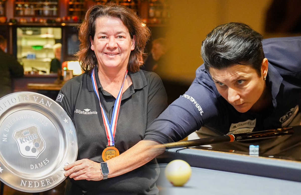 테레사 클롬펜하우어(오른쪽)가 17년 만에 네덜란드 여자 3쿠션 챔피언 자리에서 물러났다. 왼쪽은 클롬펜하우어를 꺾고 우승한 카리나 예텐.  사진=Ton Smilde