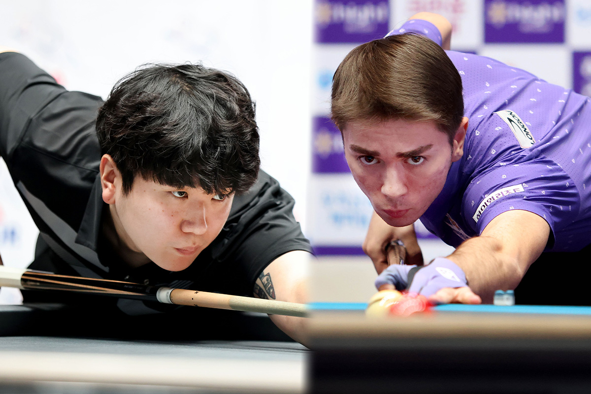 이태희(좌)는 드림투어에서 1차전에서 4강-2차전 우승을 달성하며 데뷔 한 시즌 만에 1부 투어 승격을 사실상 확정했으며, '튀르키예 신성' 부라크 하샤시(하이원리조트, 우)도 데뷔 시즌 뛰어난 활약을 펼치며 프로당구 팬들에게 눈도장을 찍었다. 사진=PBA 제공