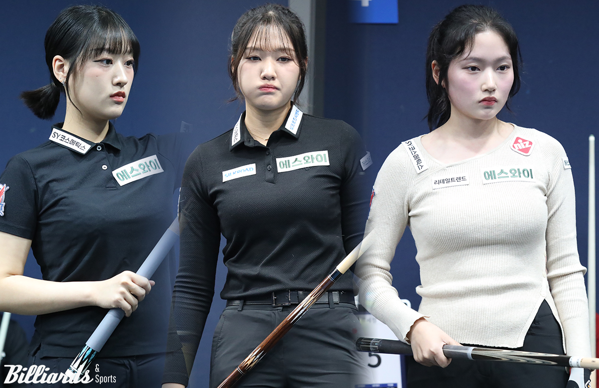 에스와이 빌더스의 '여걸 3인방'이 64강에서 운명이 엇갈렸다. 한지은(맨 오른쪽)과 권발해(가운데)는 어려운 승부를 뒤집고 승리한 반면, 장가연(맨 왼쪽)은 막판 뱅크 샷 두 방을 실패하며 아쉽게 탈락했다.  사진=고양/이용휘 기자