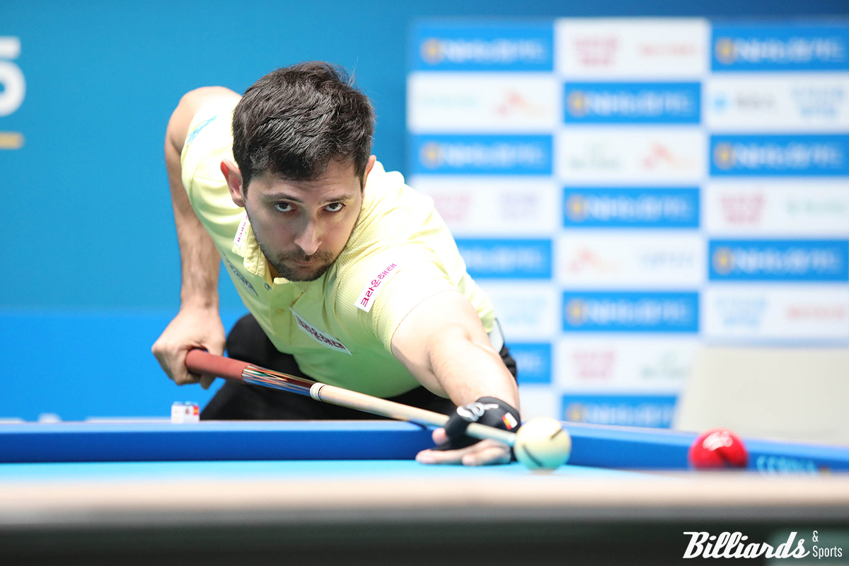 '시즌 3승' 다비드 마르티네스(크라운해태)가 8차 투어 '웰컴저축은행 PBA 챔피언십' 128강전에서 승부치기 끝에 승리를 거두고 어렵게 64강에 진출했다.  사진=빌리어즈앤스포츠 DB