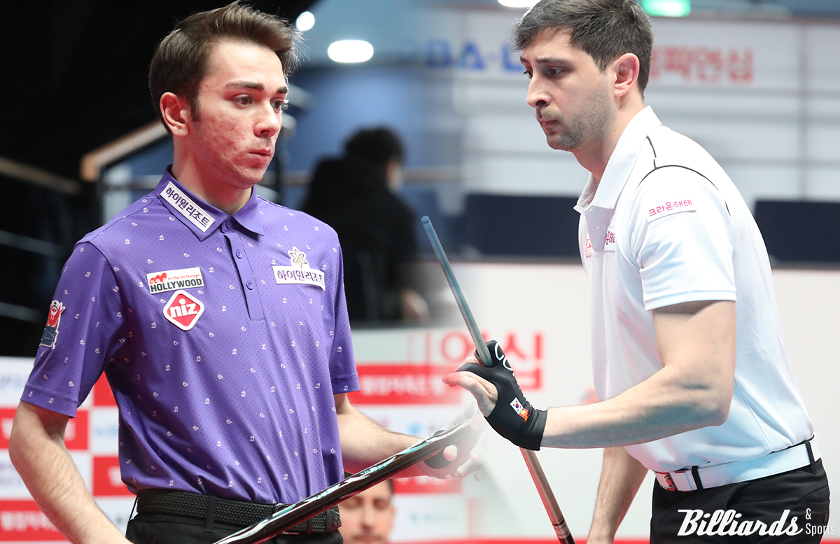 '2006년생 신예' 부라크 하샤시(하이원리조트·왼쪽)가 'PBA 랭킹 1위' 다비드 마르티네스(크라운해태·오른쪽)를 32강에서 꺾었다.  사진=고양/이용휘 기자