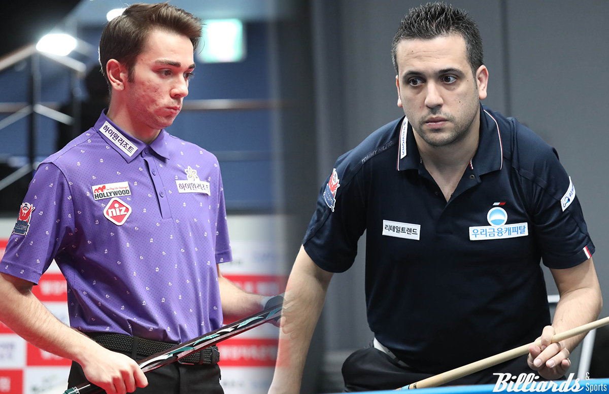 '무서운 10대' 부라크 하샤시(하이원리조트·왼쪽)가 다비드 사파타(우리금융캐피탈·오른쪽)에게 패하며 마지막 정규투어 도전을 마감했다.  사진=고양/이용휘 기자